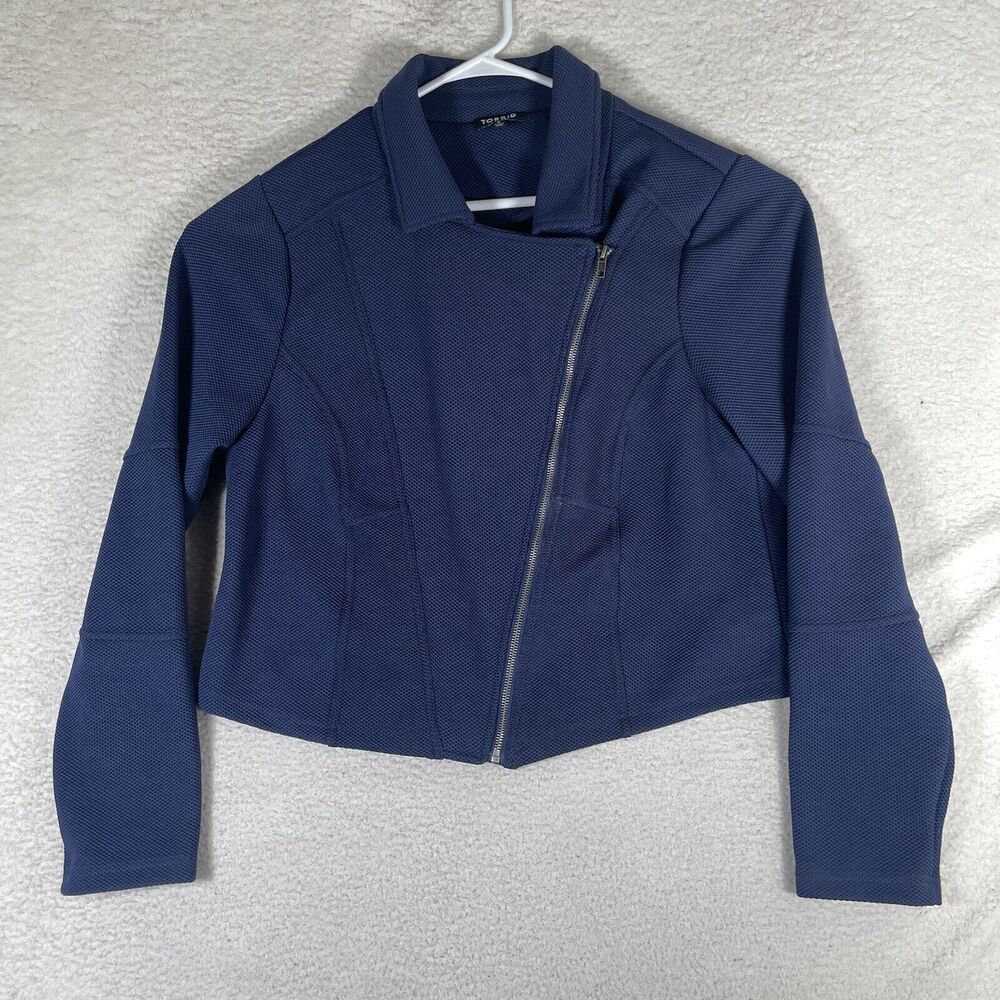 Torrid Jacket Womens sz 2 Blue Asymmetrical Full Zip Mock Neck Textured Moto